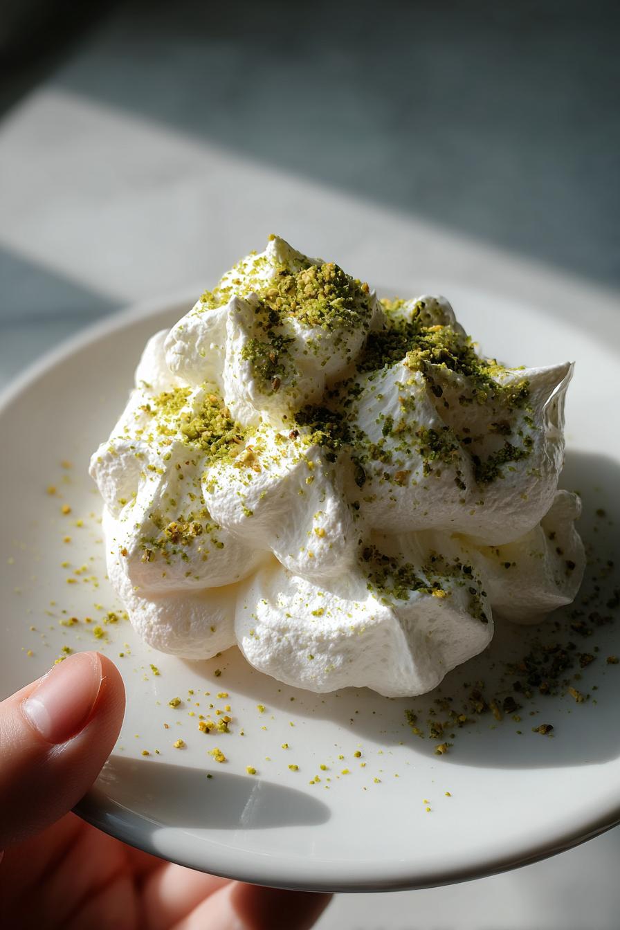 Saffron Air Meringue with Pistachio Dust