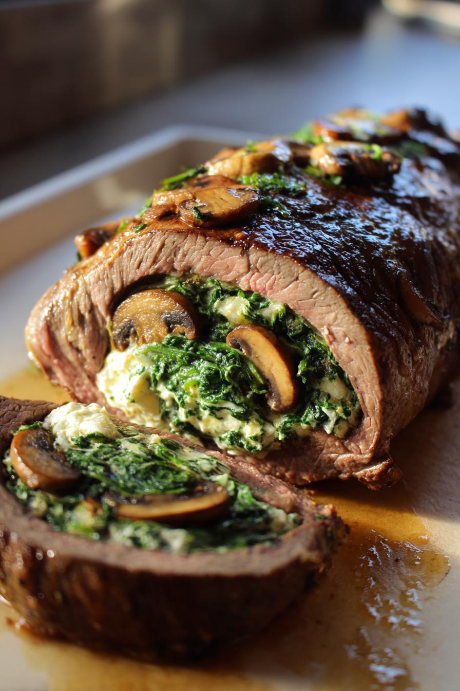Creamy Spinach and Mushroom Stuffed Flank Steak